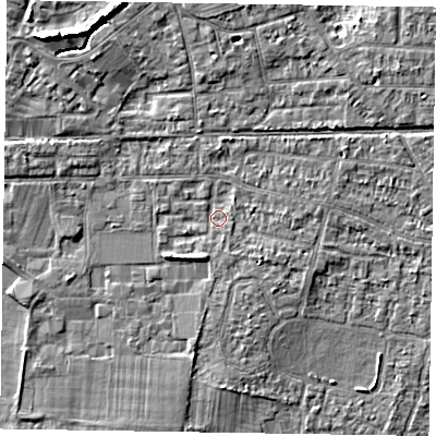 Shaded relief map of the ground around PO198DE, computed from Environment Agency LiDAR. The ground here sits at about 11 m above sea level and falls 8 m across the surrounding 800 m. Surface water reaching this point runs off ground lying to the east-north-east, 1.9 m higher.