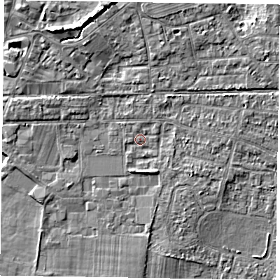 Shaded relief map of the ground around PO198DF, computed from Environment Agency LiDAR. The ground here sits at about 11 m above sea level and falls 9 m across the surrounding 800 m. Surface water reaching this point runs off ground lying to the east-north-east, 1.9 m higher.