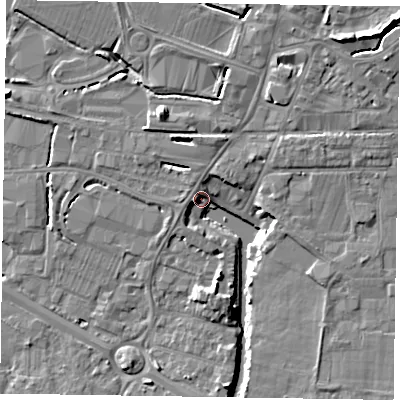 Shaded relief map of the ground around PO198DT, computed from Environment Agency LiDAR. The ground here sits at about 8 m above sea level and falls 11 m across the surrounding 800 m. Surface water reaching this point runs off ground lying to the south, 5.9 m higher.