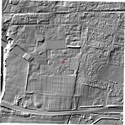 Shaded relief map of the ground around PO198EB, computed from Environment Agency LiDAR. The ground here sits at about 11 m above sea level and falls 7 m across the surrounding 800 m. Surface water reaching this point runs off ground lying to the north-east, 2.0 m higher.
