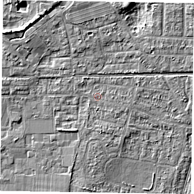 Shaded relief map of the ground around PO198EN, computed from Environment Agency LiDAR. The ground here sits at about 12 m above sea level and falls 8 m across the surrounding 800 m. Surface water reaching this point runs off ground lying to the east, 0.7 m higher.