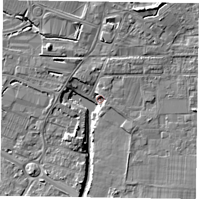 Shaded relief map of the ground around PO198EW, computed from Environment Agency LiDAR. The ground here sits at about 8 m above sea level and falls 10 m across the surrounding 800 m. Surface water reaching this point runs off ground lying to the north-north-east, 10.0 m higher.