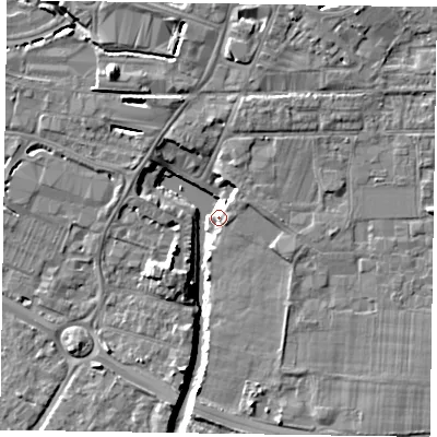 Shaded relief map of the ground around PO198EY, computed from Environment Agency LiDAR. The ground here sits at about 9 m above sea level and falls 8 m across the surrounding 800 m. Surface water reaching this point runs off ground lying to the north-east, 7.5 m higher.