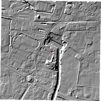 Shaded relief map of the ground around PO198FD, computed from Environment Agency LiDAR. The ground here sits at about 9 m above sea level and falls 8 m across the surrounding 800 m. Surface water reaching this point runs off ground lying to the south, 4.4 m higher.