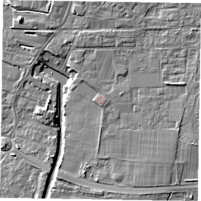 Shaded relief map of the ground around PO198GW, computed from Environment Agency LiDAR. The ground here sits at about 10 m above sea level and falls 7 m across the surrounding 800 m. Surface water reaching this point runs off ground lying to the east-south-east, 0.8 m higher.