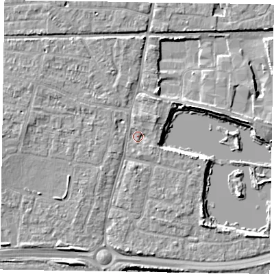 Shaded relief map of the ground around PO198HS, computed from Environment Agency LiDAR. The ground here sits at about 11 m above sea level and falls 7 m across the surrounding 800 m. Surface water reaching this point runs off ground lying to the north-east, 2.3 m higher.