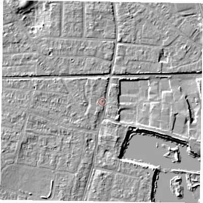 Shaded relief map of the ground around PO198HT, computed from Environment Agency LiDAR. The ground here sits at about 12 m above sea level and falls 6 m across the surrounding 800 m. Surface water reaching this point runs off ground lying to the north-north-east, 1.9 m higher.