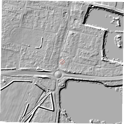 Shaded relief map of the ground around PO198JF, computed from Environment Agency LiDAR. The ground here sits at about 10 m above sea level and falls 6 m across the surrounding 800 m. Surface water reaching this point runs off ground lying to the east, 3.5 m higher.