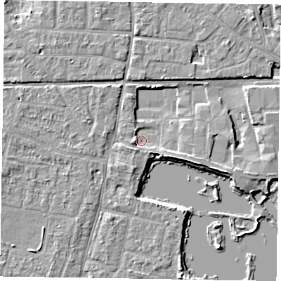 Shaded relief map of the ground around PO198PB, computed from Environment Agency LiDAR. The ground here sits at about 11 m above sea level and falls 6 m across the surrounding 800 m. Surface water reaching this point runs off ground lying to the east-north-east, 4.0 m higher.
