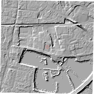 Shaded relief map of the ground around PO198PE, computed from Environment Agency LiDAR. The ground here sits at about 12 m above sea level and falls 9 m across the surrounding 800 m. Surface water reaching this point runs off ground lying to the south-south-east, 2.2 m higher.