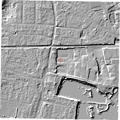Shaded relief map of the ground around PO198PP, computed from Environment Agency LiDAR. The ground here sits at about 11 m above sea level and falls 6 m across the surrounding 800 m. Surface water reaching this point runs off ground lying to the south-south-west, 3.0 m higher.