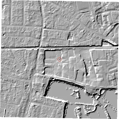 Shaded relief map of the ground around PO198PQ, computed from Environment Agency LiDAR. The ground here sits at about 11 m above sea level and falls 8 m across the surrounding 800 m. Surface water reaching this point runs off ground lying to the east, 6.8 m higher.