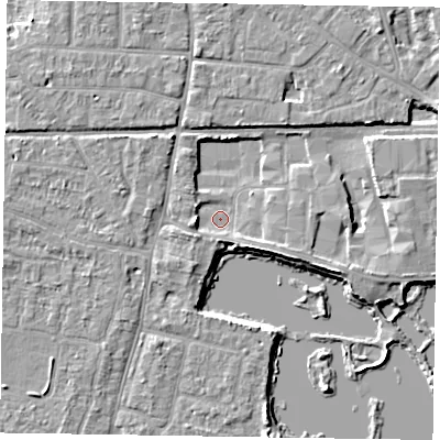 Shaded relief map of the ground around PO198QA, computed from Environment Agency LiDAR. The ground here sits at about 11 m above sea level and falls 6 m across the surrounding 800 m. Surface water reaching this point runs off ground lying to the north, 4.0 m higher.