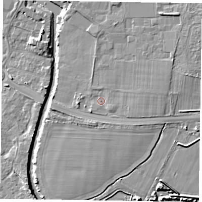 Shaded relief map of the ground around PO198RP, computed from Environment Agency LiDAR. The ground here sits at about 9 m above sea level and falls 8 m across the surrounding 800 m. Surface water reaching this point runs off ground lying to the east, 2.2 m higher.