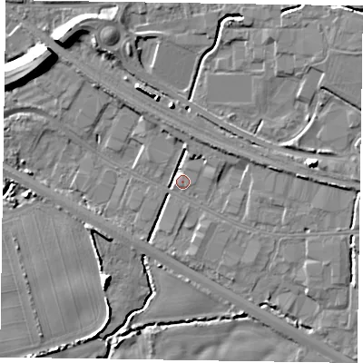 Shaded relief map of the ground around PO198TX, computed from Environment Agency LiDAR. The ground here sits at about 7 m above sea level and falls 11 m across the surrounding 800 m. Surface water reaching this point runs off ground lying to the north-east, 4.0 m higher.
