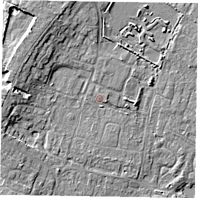 Shaded relief map of the ground around PO200AF, computed from Environment Agency LiDAR. The ground here sits at about 4 m above sea level and falls 9 m across the surrounding 800 m. Surface water reaching this point runs off ground lying to the north, 1.0 m higher.