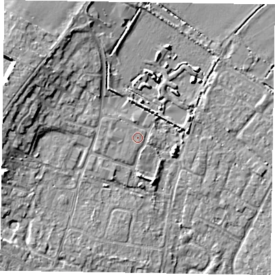 Shaded relief map of the ground around PO200AY, computed from Environment Agency LiDAR. The ground here sits at about 5 m above sea level and falls 8 m across the surrounding 800 m. Surface water reaching this point runs off ground lying to the south-south-east, 0.7 m higher.