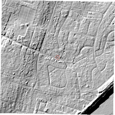 Shaded relief map of the ground around PO200BU, computed from Environment Agency LiDAR. The ground here sits at about 5 m above sea level and falls 12 m across the surrounding 800 m. Surface water reaching this point runs off ground lying to the west, 4.6 m higher.