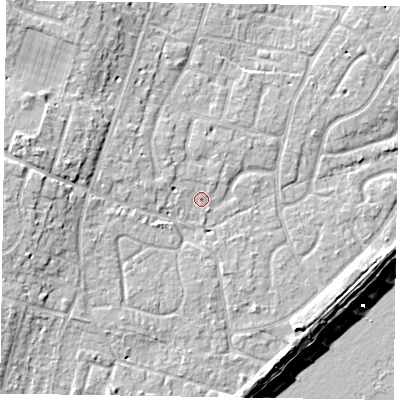 Shaded relief map of the ground around PO200BY, computed from Environment Agency LiDAR. The ground here sits at about 4 m above sea level and falls 11 m across the surrounding 800 m. Surface water reaching this point runs off ground lying to the north-west, 1.2 m higher.