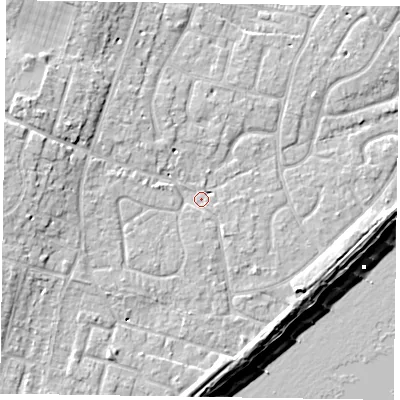 Shaded relief map of the ground around PO200DA, computed from Environment Agency LiDAR. The ground here sits at about 4 m above sea level and falls 11 m across the surrounding 800 m. Surface water reaching this point runs off ground lying to the west-north-west, 5.4 m higher.