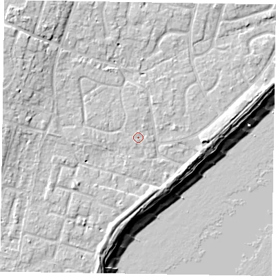 Shaded relief map of the ground around PO200DB, computed from Environment Agency LiDAR. The ground here sits at about 5 m above sea level and falls 11 m across the surrounding 800 m. Surface water reaching this point runs off ground lying to the north-north-east, 0.6 m higher.