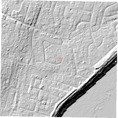 Shaded relief map of the ground around PO200DF, computed from Environment Agency LiDAR. The ground here sits at about 5 m above sea level and falls 11 m across the surrounding 800 m. Surface water reaching this point runs off ground lying to the west-south-west, 0.9 m higher.