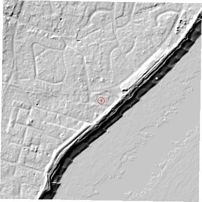 Shaded relief map of the ground around PO200DJ, computed from Environment Agency LiDAR. The ground here sits at about 4 m above sea level and falls 10 m across the surrounding 800 m. Surface water reaching this point runs off ground lying to the west-south-west, 3.2 m higher.