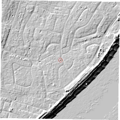 Shaded relief map of the ground around PO200DN, computed from Environment Agency LiDAR. The ground here sits at about 4 m above sea level and falls 10 m across the surrounding 800 m. Surface water reaching this point runs off ground lying to the south-south-west, 1.2 m higher.