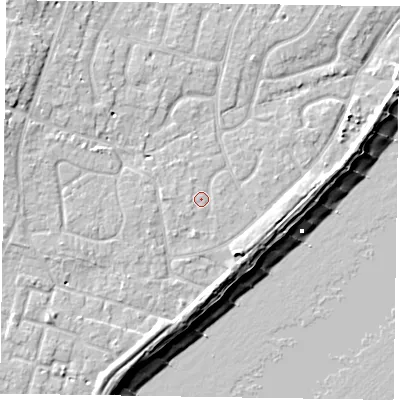 Shaded relief map of the ground around PO200DP, computed from Environment Agency LiDAR. The ground here sits at about 5 m above sea level and falls 10 m across the surrounding 800 m. Surface water reaching this point runs off ground lying to the south, 0.5 m higher.