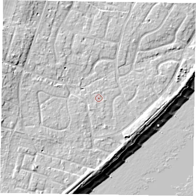 Shaded relief map of the ground around PO200DQ, computed from Environment Agency LiDAR. The ground here sits at about 5 m above sea level and falls 10 m across the surrounding 800 m. Surface water reaching this point runs off ground lying to the south-south-west, 0.8 m higher.