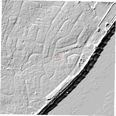 Shaded relief map of the ground around PO200DR, computed from Environment Agency LiDAR. The ground here sits at about 3 m above sea level and falls 9 m across the surrounding 800 m. Surface water reaching this point runs off ground lying to the south-south-west, 3.5 m higher.