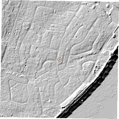 Shaded relief map of the ground around PO200DS, computed from Environment Agency LiDAR. The ground here sits at about 4 m above sea level and falls 10 m across the surrounding 800 m. Surface water reaching this point runs off ground lying to the west, 2.4 m higher.