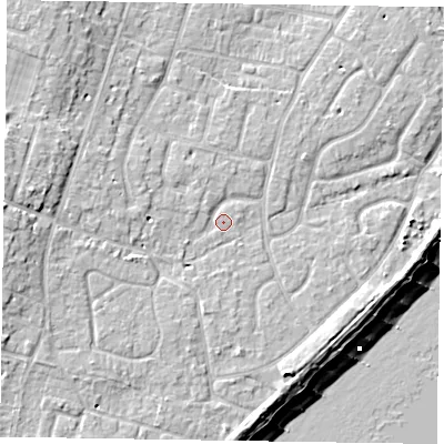 Shaded relief map of the ground around PO200DT, computed from Environment Agency LiDAR. The ground here sits at about 4 m above sea level and falls 10 m across the surrounding 800 m. Surface water reaching this point runs off ground lying to the west-north-west, 1.6 m higher.