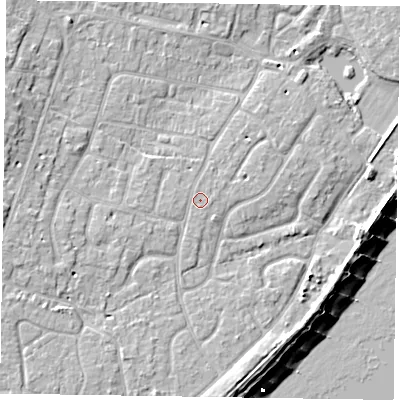 Shaded relief map of the ground around PO200DU, computed from Environment Agency LiDAR. The ground here sits at about 4 m above sea level and falls 9 m across the surrounding 800 m. The ground contributing surface water to this point lies to the east.
