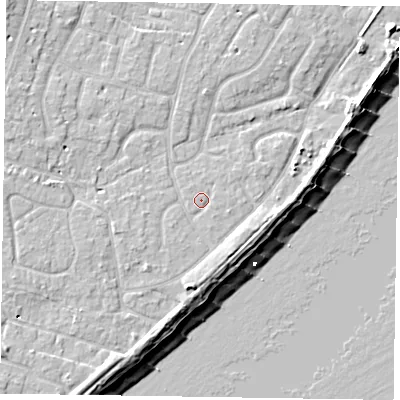 Shaded relief map of the ground around PO200DW, computed from Environment Agency LiDAR. The ground here sits at about 4 m above sea level and falls 9 m across the surrounding 800 m. Surface water reaching this point runs off ground lying to the south, 2.7 m higher.