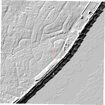 Shaded relief map of the ground around PO200DY, computed from Environment Agency LiDAR. The ground here sits at about 4 m above sea level and falls 9 m across the surrounding 800 m. Surface water reaching this point runs off ground lying to the south-west, 0.7 m higher.