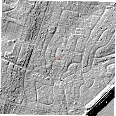 Shaded relief map of the ground around PO200DZ, computed from Environment Agency LiDAR. The ground here sits at about 5 m above sea level and falls 11 m across the surrounding 800 m. Surface water reaching this point runs off ground lying to the west-south-west, 1.2 m higher.