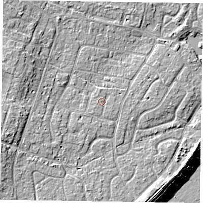 Shaded relief map of the ground around PO200EA, computed from Environment Agency LiDAR. The ground here sits at about 4 m above sea level and falls 10 m across the surrounding 800 m. Surface water reaching this point runs off ground lying to the south-west, 0.9 m higher.