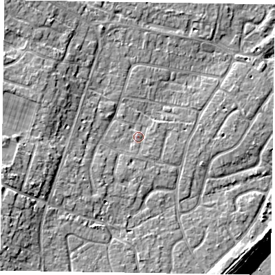 Shaded relief map of the ground around PO200EB, computed from Environment Agency LiDAR. The ground here sits at about 4 m above sea level and falls 11 m across the surrounding 800 m. Surface water reaching this point runs off ground lying to the west-south-west, 2.0 m higher.