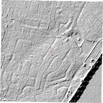 Shaded relief map of the ground around PO200EG, computed from Environment Agency LiDAR. The ground here sits at about 4 m above sea level and falls 8 m across the surrounding 800 m. Surface water reaching this point runs off ground lying to the east-south-east, 1.1 m higher.