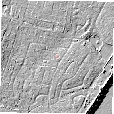 Shaded relief map of the ground around PO200EH, computed from Environment Agency LiDAR. The ground here sits at about 4 m above sea level and falls 9 m across the surrounding 800 m. Surface water reaching this point runs off ground lying to the south-south-east, 1.2 m higher.
