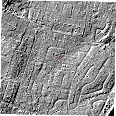 Shaded relief map of the ground around PO200EJ, computed from Environment Agency LiDAR. The ground here sits at about 4 m above sea level and falls 9 m across the surrounding 800 m. Surface water reaching this point runs off ground lying to the north-north-west, 0.8 m higher.