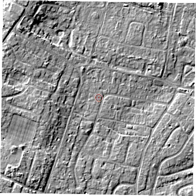 Shaded relief map of the ground around PO200EL, computed from Environment Agency LiDAR. The ground here sits at about 4 m above sea level and falls 7 m across the surrounding 800 m. Surface water reaching this point runs off ground lying to the south-west, 1.4 m higher.