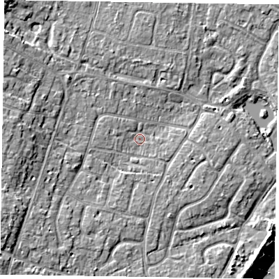 Shaded relief map of the ground around PO200EN, computed from Environment Agency LiDAR. The ground here sits at about 3 m above sea level and falls 10 m across the surrounding 800 m. Surface water reaching this point runs off ground lying to the west, 4.8 m higher.