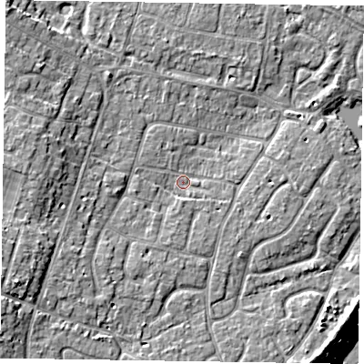 Shaded relief map of the ground around PO200EQ, computed from Environment Agency LiDAR. The ground here sits at about 4 m above sea level and falls 10 m across the surrounding 800 m. Surface water reaching this point runs off ground lying to the west-south-west, 2.6 m higher.
