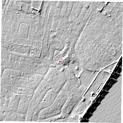 Shaded relief map of the ground around PO200ER, computed from Environment Agency LiDAR. The ground here sits at about 3 m above sea level and falls 9 m across the surrounding 800 m. Surface water reaching this point runs off ground lying to the south, 2.7 m higher.