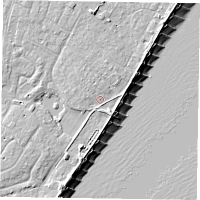 Shaded relief map of the ground around PO200ES, computed from Environment Agency LiDAR. The ground here sits at about 3 m above sea level and falls 9 m across the surrounding 800 m. Surface water reaching this point runs off ground lying to the north, 5.5 m higher.
