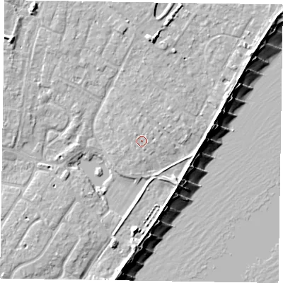 Shaded relief map of the ground around PO200ET, computed from Environment Agency LiDAR. The ground here sits at about 4 m above sea level and falls 9 m across the surrounding 800 m. Surface water reaching this point runs off ground lying to the north-west, 0.8 m higher.