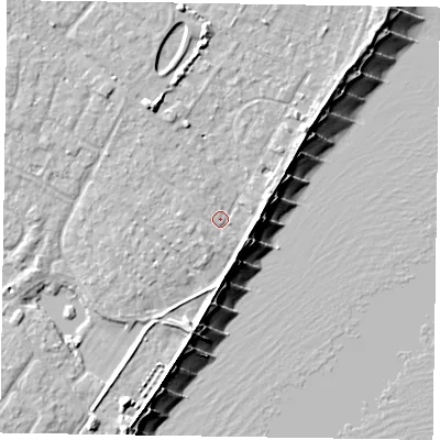 Shaded relief map of the ground around PO200EU, computed from Environment Agency LiDAR. The ground here sits at about 3 m above sea level and falls 9 m across the surrounding 800 m. Surface water reaching this point runs off ground lying to the north-north-west, 1.3 m higher.