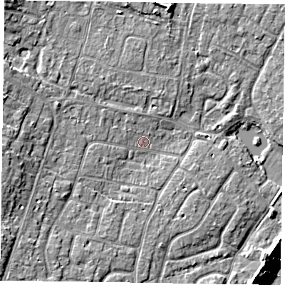 Shaded relief map of the ground around PO200EW, computed from Environment Agency LiDAR. The ground here sits at about 3 m above sea level and falls 10 m across the surrounding 800 m. Surface water reaching this point runs off ground lying to the west-north-west, 4.3 m higher.